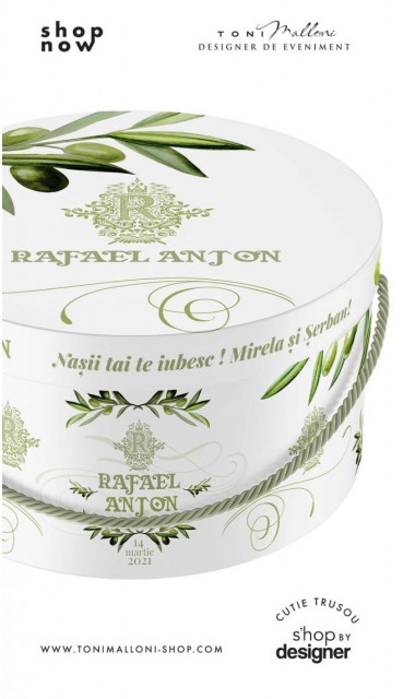 Cutie rotunda trusou cu alb si verde frunze de maslin si monograma initiala bebelus 1
